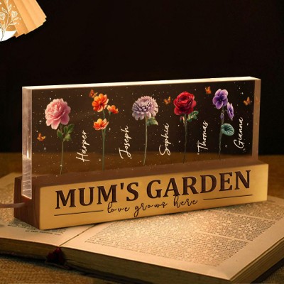 Personalised Mum's Garden Love Grows Here Birth Flower Wood Night Light Unique Gifts For Mum Grandma Mother's Day Gift