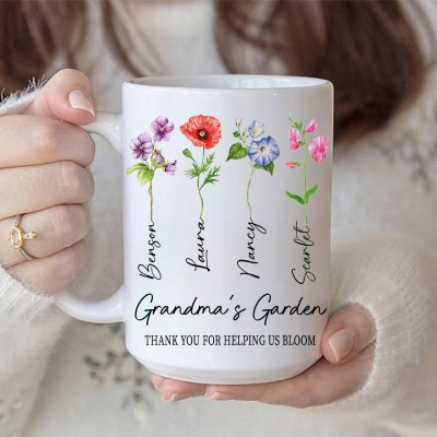 Custom Grandma's Garden Birth Month Flower Mug with Grandkids Names Mother's Day Gift Ideas Keepsake Gift For Mum Grandma