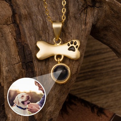 Custom Pet Paw Print Bone Photo Projection Necklace With Picture Inside Unique Gift For Pet Lover