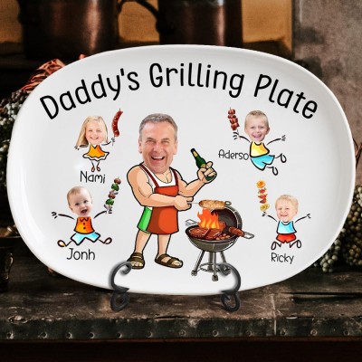 Custom Daddy's Grilling Plate BBQ Platter With Kids Portrait and Names Family Kitchen Gifts for Dad Unique Father's Day Gift Ideas