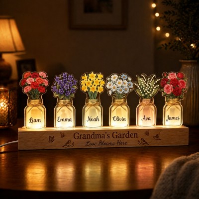 Personalised Grandma's Garden Night Light – Birth Month Flowers Acrylic LED Lamp, Mother's Day Gift from Grandkids Family Gift For Mum Grandma