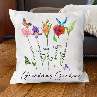 personalised Grandma's Garden Birth Flower Pillow with Kids Names