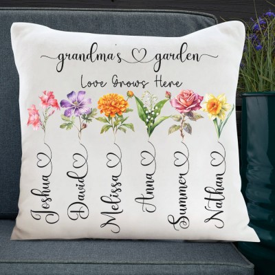 Personalised Love Grows Here Birth Flower Pillow for Her