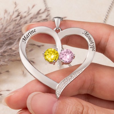 Personalised Couple Heart Name Necklace with Birthstones Unique Gift For Soulmate Birthday Gift Ideas