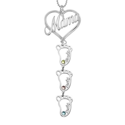 Personalised Engraved Baby Feet Name Pendants Mama Birthstone Necklace Gift For Mum Grandma