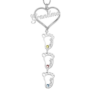 Personalised 1-10 Baby Feet Pendants Grandma Necklace With Names And Birthstones Birthday Gift For Grandma