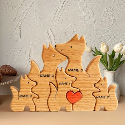 Personalised Wooden Fox Figurines Family Puzzle with Names