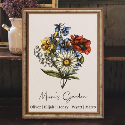 Personalised Mum's Garden Birth Flower Bouquet Frame with Kids Names Keppsake Gifts for Mum Grandma Christmas Gift