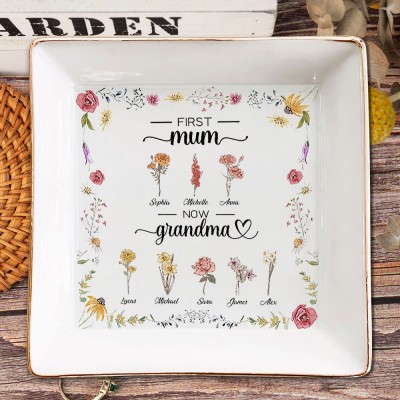 Personalised First Mum Now Grandma Birth Flower Jewellery Dish with Kids Names Christmas Gift for Mum Grandma