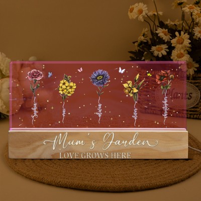 Personalised Mum's Garden Love Grows Here Birth Flower Wood Night Light Unique Gift for Mum Grandma Christmas Gift