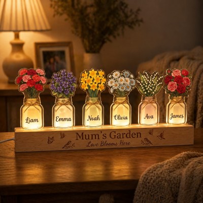 Personalised Mum's Garden Night Light – Birth Month Flowers Acrylic LED Lamp, Mother's Day Gift from Grandkids Family Gift For Mum Grandma
