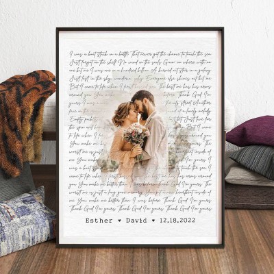 Personalised Wedding Song Lyrics Print Frame with Photo for Couple Anniversary Gift for Her Him