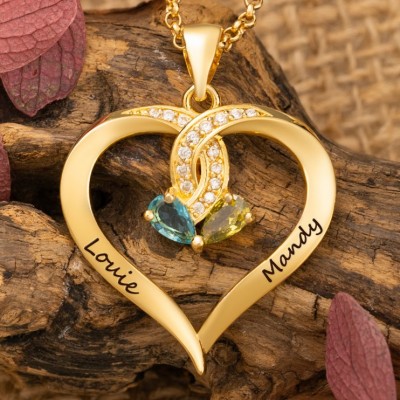 Custom Heart 2 Names Necklace with Birthstones Designs Unique Gifts for Wife Anniversary Gift Ideas