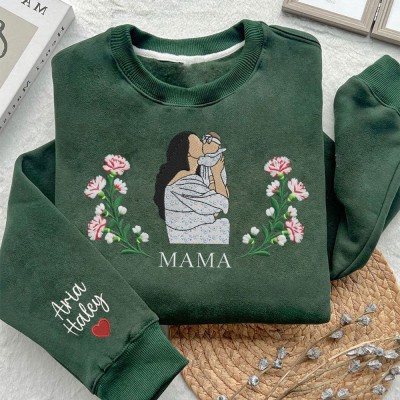 Personalised Mama Embroidered Portrait Photo Sweatshirt with Kids Names on Sleeve Gifts for Mum Mother's Day Gift Ideas