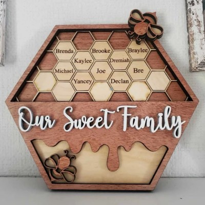 Personalised Our Sweet Family Bee Hive Family Tree Wood Sign with Kids Names Gift for Mum Grandma Christmas Gift