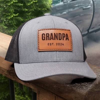 Personalised Grandpa Snapback Cap Real Leather Patch Hat Useful Gift For Dad Grandpa
