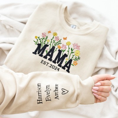 Personalised Mama Embroidered Sweatshirt Hoodie with Names On The Sleeve Mother's Day Gift 