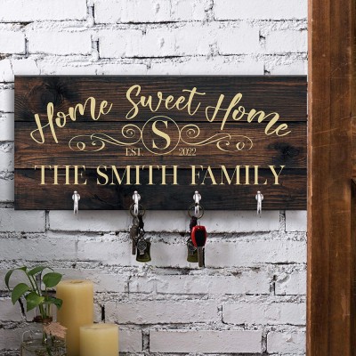 Personalised Engraved Wood Key Holder with Family Name For Wall Housewarming Gift for Couple Wedding Gift