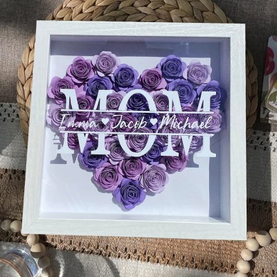 Personalised Heart Shaped Mum Paper Flower Shadow Box with Kids Names