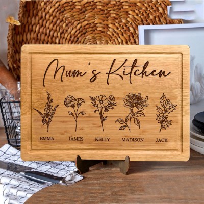 Personalised Mum's Kitchen Birth Flower Cutting Board with Engraved Names Family Gifts for Mum Grandma