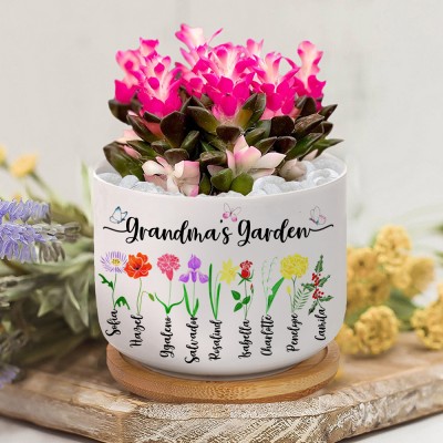 Personalised Birth Flower Plant Pot with Names For Mum，Grandma