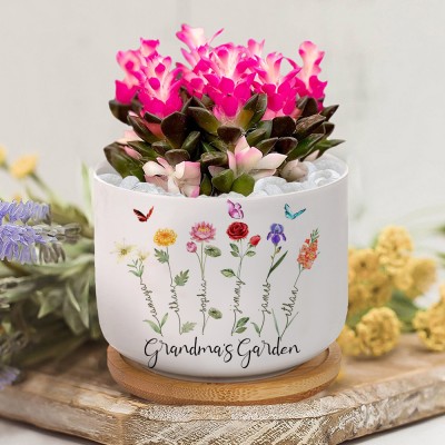 Personalised Birth Flower Pot with Engraved Names for Her