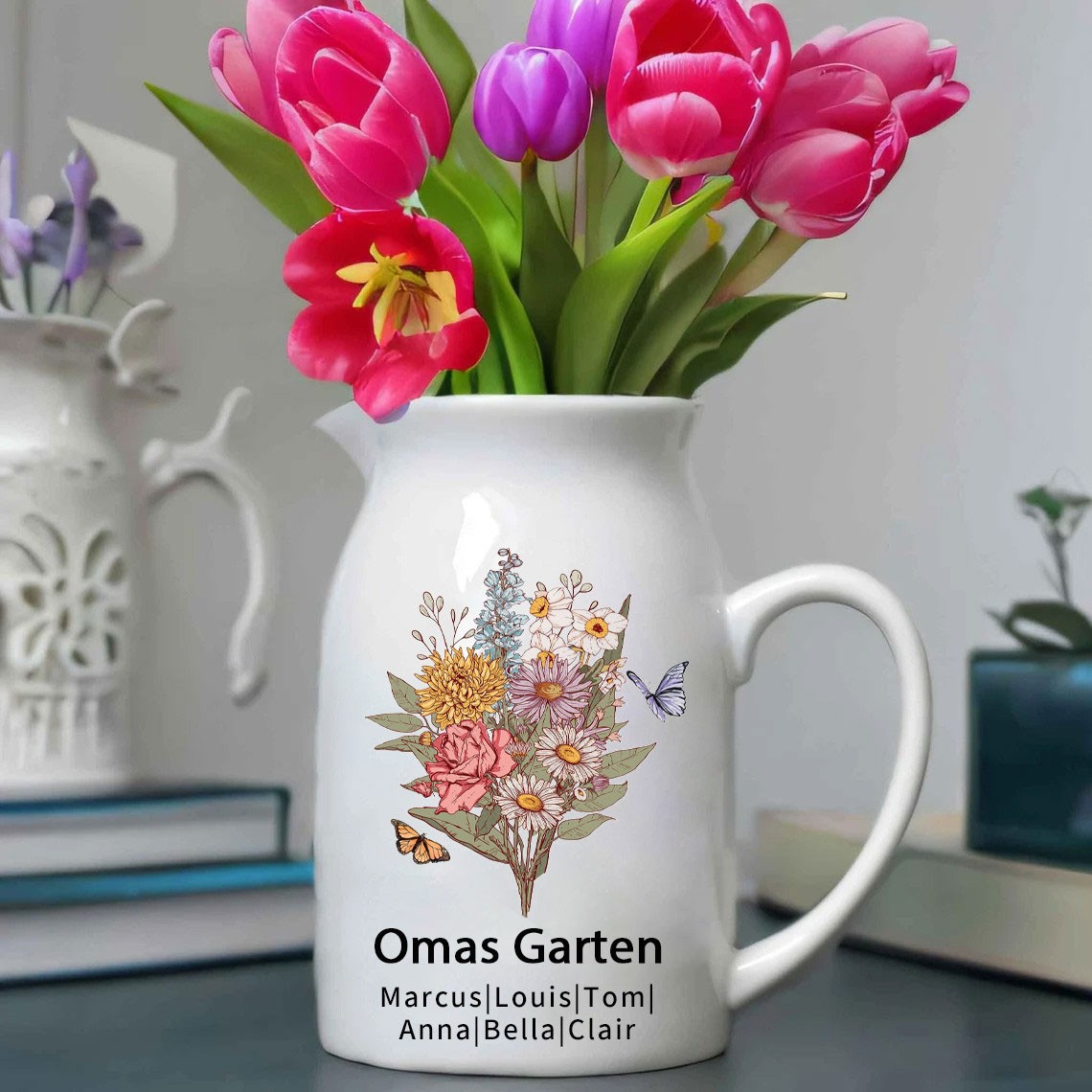 Personalisierter Kunstdruck „Omas Garten“, Blumenstrauß zur Geburt, Vase mit den Namen der Enkelkinder, einzigartiges Geschenk für Mama, Oma, Geschenkideen zum Muttertag