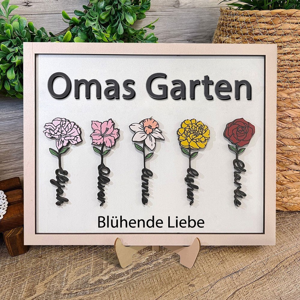 Personalisierter Geburtsblumen-Bilderrahmen „Omas Garten“ mit den Namen der Kinder – Liebesgeschenk für Mama, Oma und Muttertag