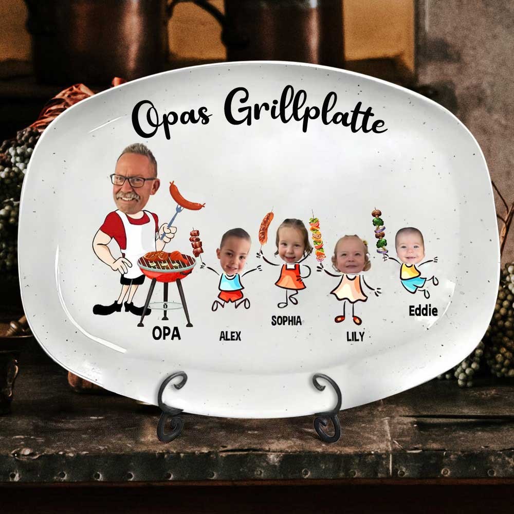 Personalisierter Grillteller für Papas Grillfreunde mit Kinderportrait und Namen. Lustige Küchengeschenke für Papa. Einzigartige Geschenkideen zum Vatertag.