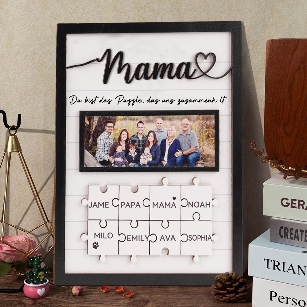 Personalisiertes Familienfoto-Holzpuzzle-Teile-Schildrahmen mit Kindernamen, einzigartiges Geschenk für Mama, Oma, Muttertagsgeschenk