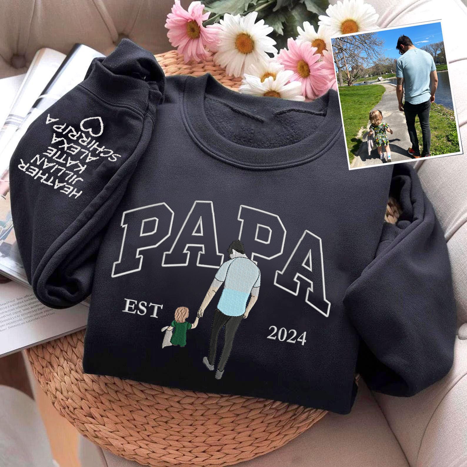 Papa Sweatshirt mit Bild - Benutzerdefinierter Vatertags-Hoodie mit Kindernamen bestickt - Personalisiertes Kinderportrait vom Foto - Papa-Shirt