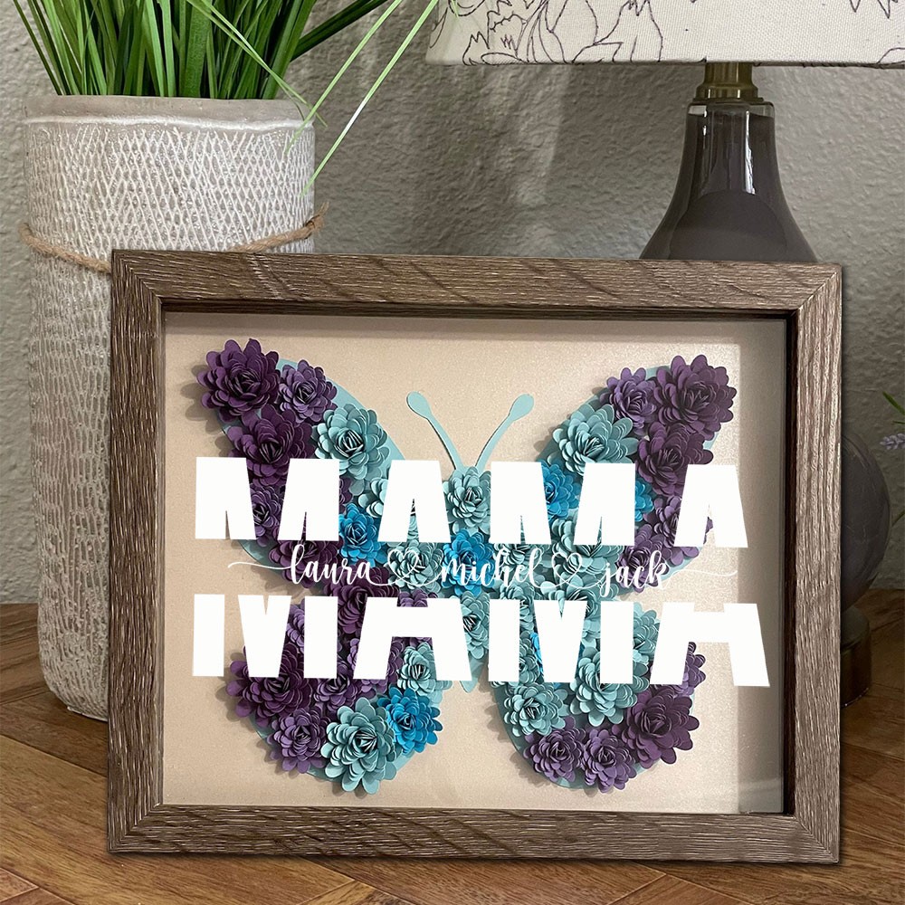 Individueller Kunstdruck in Schmetterlingsform, Blumenschatten, Holzbox mit Kindernamen, Familiengeschenk, Geschenk für Mutter, Oma, einzigartige Geschenkideen zum Muttertag