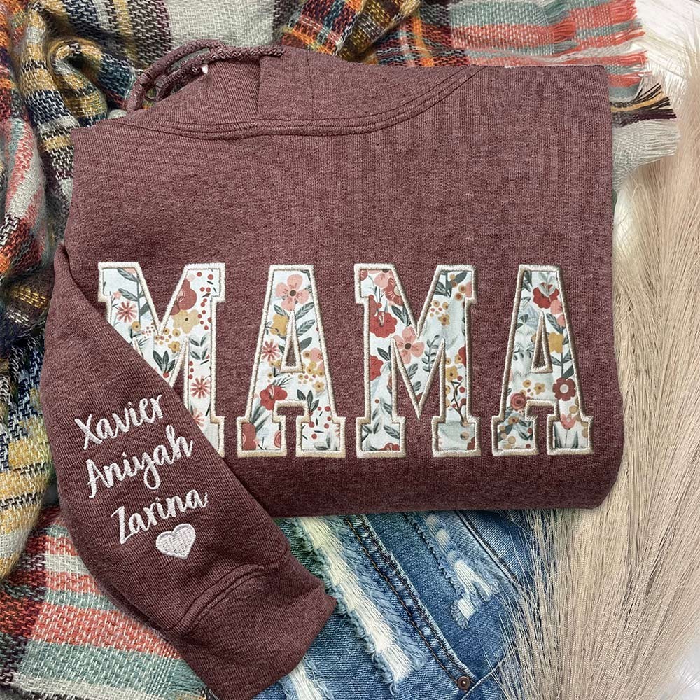 Personalisierter bestickter Mama-Sweatshirt-Kapuzenpullover mit Namen auf den Ärmeln, Erinnerungsgeschenk, einzigartiges Weihnachtsgeschenk