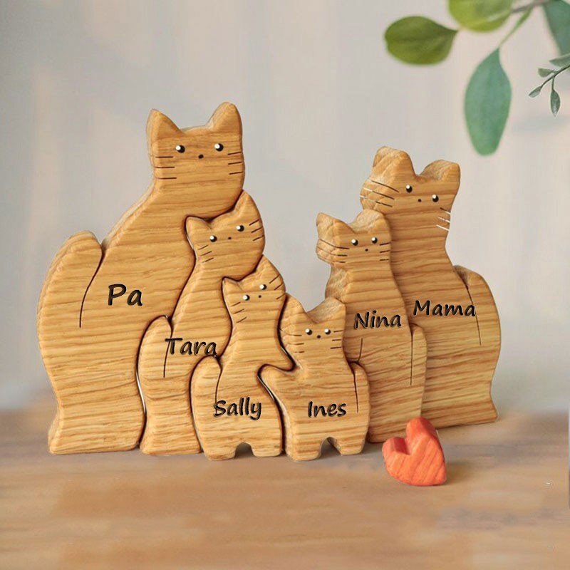 Personalisiertes Katzenfamilien-Namenspuzzle aus Holz mit Kindernamen, Andenkengeschenk für Mama, Oma, einzigartiges Muttertagsgeschenk, Geburtstagsgeschenk für Kinder