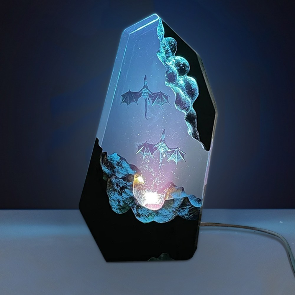 Feuerdrache und Eisdrache, Harz-Holzlampe, Nachtlicht, individuelles Geburtstagsgeschenk für Freund, Freundin, einzigartiges Paar, Jahrestagsgeschenk für Seelenverwandte