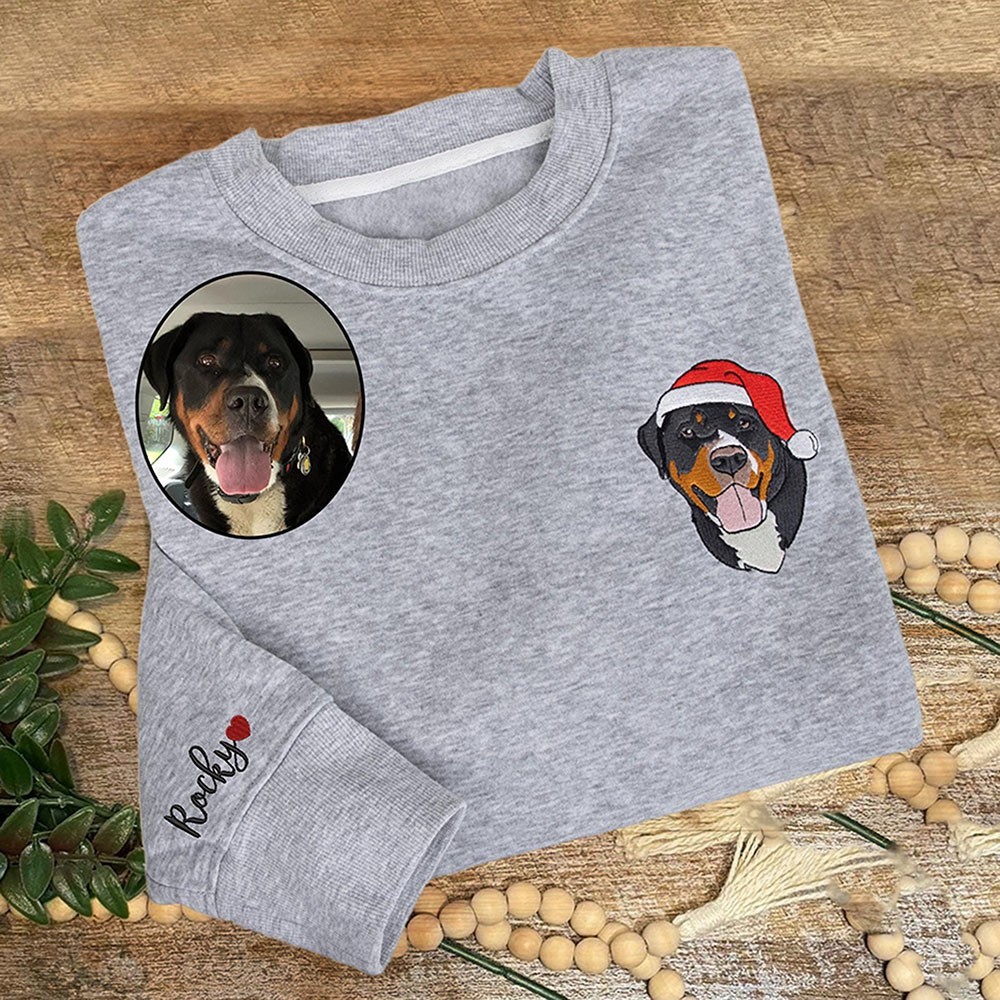 Benutzerdefiniertes Hunde-Sweatshirt mit Weihnachtsmotiv, besticktes Haustier-Portrait-Foto-Sweatshirt mit Weihnachtsmütze für Haustierliebhaber, Weihnachtsgeschenk