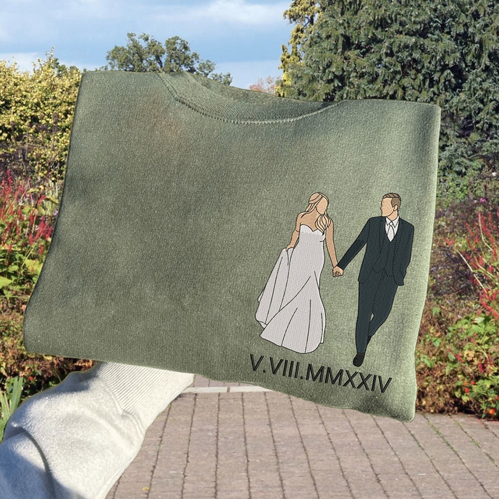 Personalisiertes Portrait-Sweatshirt mit römischen Ziffern, bestickt für Frau, Hochzeitstag, Geschenk, Paar, Valentinstag