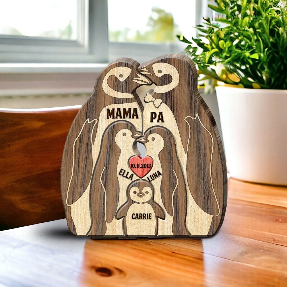 Benutzerdefinierte Pinguin Familie Holz Puzzle Blöcke Zeichen mit Kinder Namen einzigartiges Geschenk für Mama Oma Muttertag Geschenkideen
