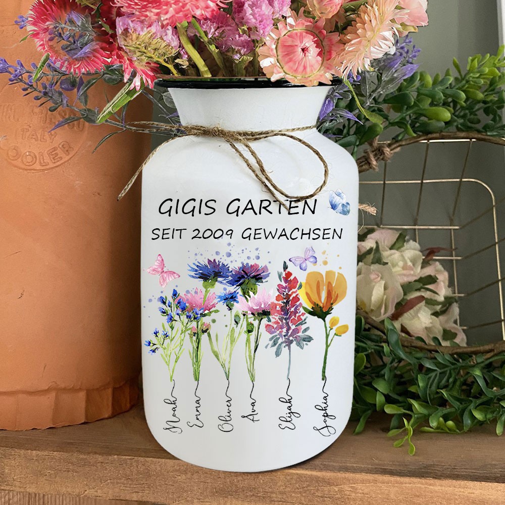 Personalisierte Geburtsblumen-Familienvase von Gigis Garten mit den Namen der Kinder. Einzigartige Babyparty-Geschenke. Geburtstagsgeschenk für Mama, Oma, Muttertagsgeschenke