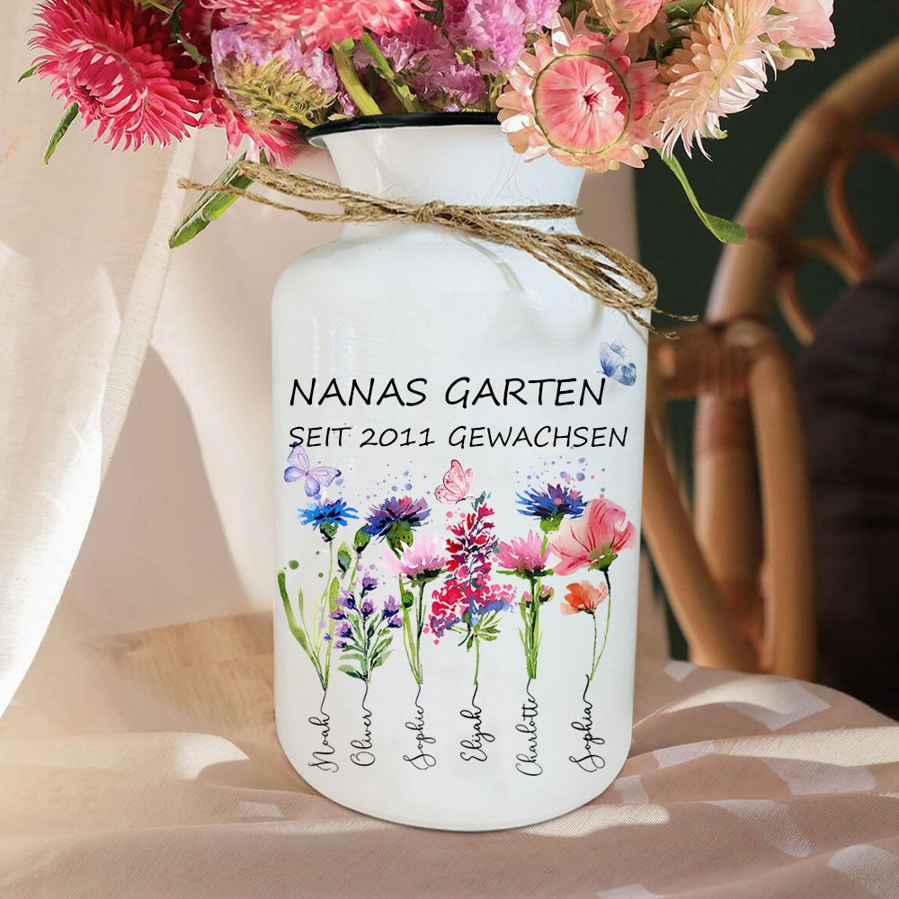Personalisierter Kunstdruck „Nanas Garten“, Blumenvase zur Geburt mit den Namen der Enkelkinder, einzigartige Geschenke für die Familie im Innenbereich, Geburtstagsgeschenk für Mama, Oma, Muttertagsgeschenke