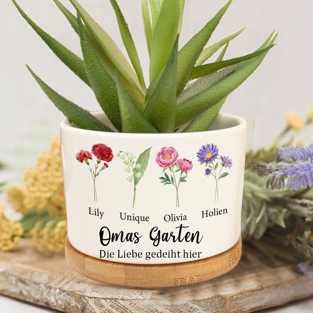 Personalisierter Blumentopf mit Geburtsblumendruck im Garten der Oma mit den Namen der Kinder. Einzigartiges Geburtstagsgeschenk für Mama und Oma. Muttertagsgeschenk. Schwangerschaftsgeschenk.
