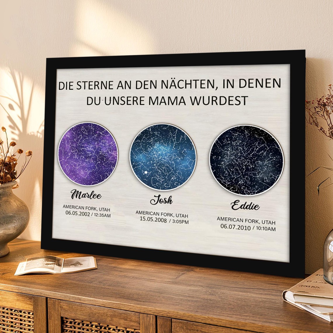 Personalisiertes Holzschild mit Sternenkarte für die Familie, Andenken, Geschenke für Mama, Oma, Geburtstagsgeschenk für die Frau, Muttertag, Weihnachtsgeschenk