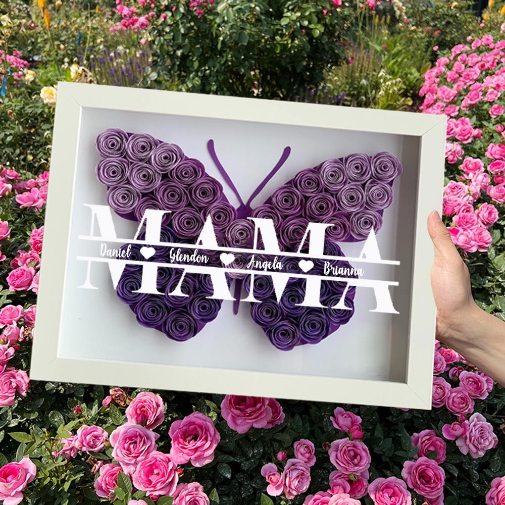 Personalisierte Mama Schmetterlingsförmige Papierblumen-Schattenbox mit Kindernamen, einzigartiges Familiengeschenk für Mama, Oma, Muttertagsgeschenkideen