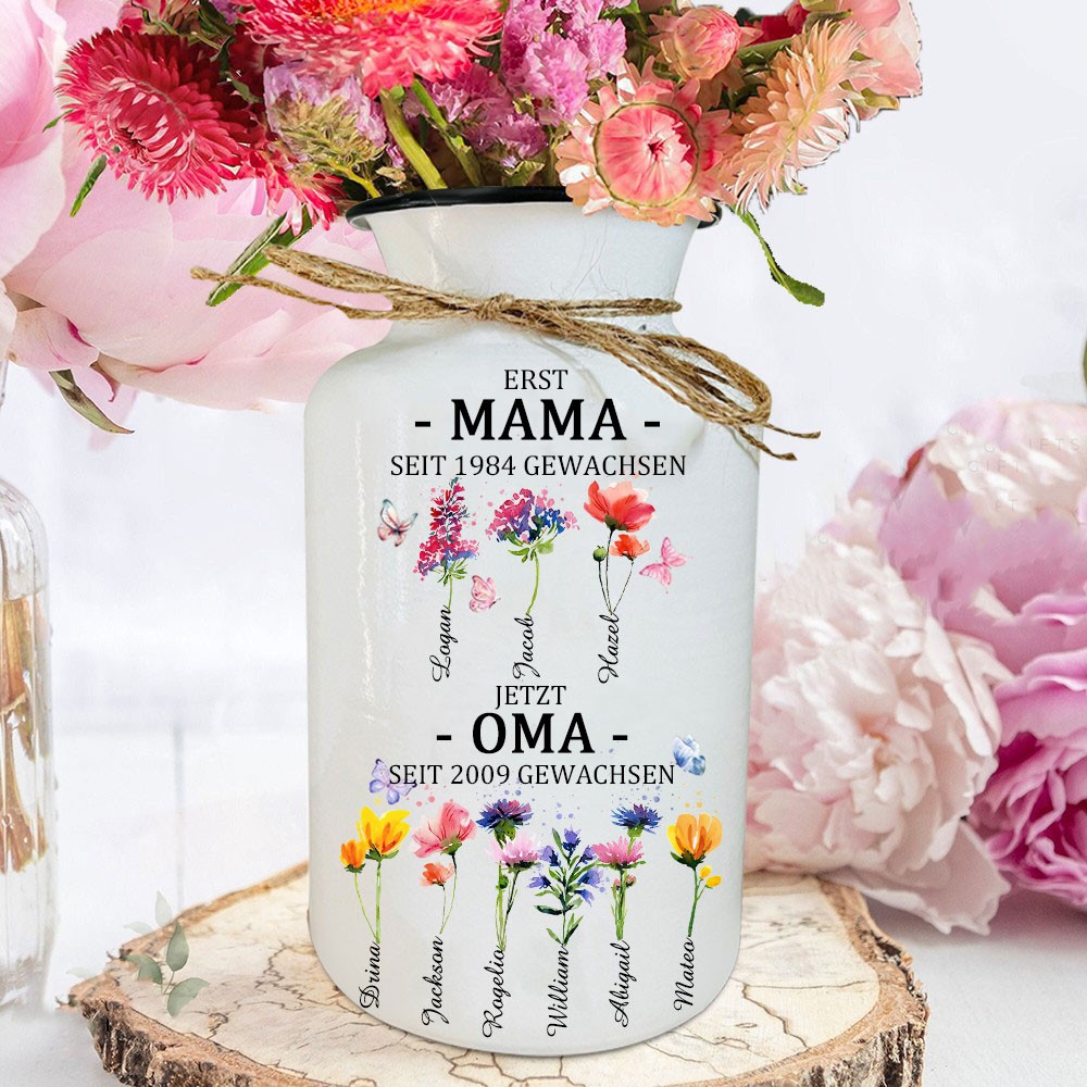 Personalisierte Blumenvase mit der Aufschrift „Erste Mama, jetzt Oma“, Geburtsblume, Familienvase mit den Namen der Enkelkinder, einzigartiges Geschenk für den Innenbereich für Mama, Oma, Geschenkideen zum Muttertag