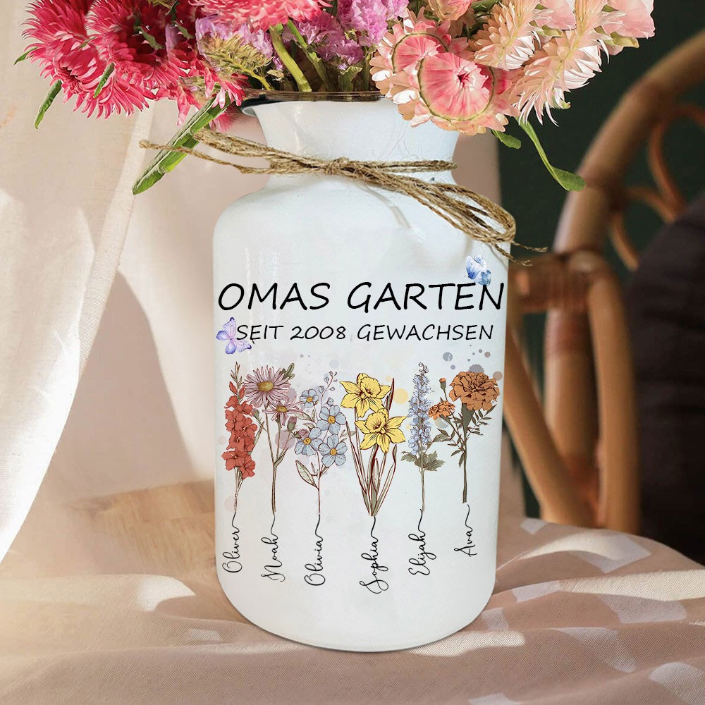 Personalisierter Kunstdruck „Omas Garten“, Geburtsblumenvase mit den Namen der Enkelkinder, einzigartiges Familienandenken, Geschenk für Mama, Oma, Muttertag, Geschenkideen