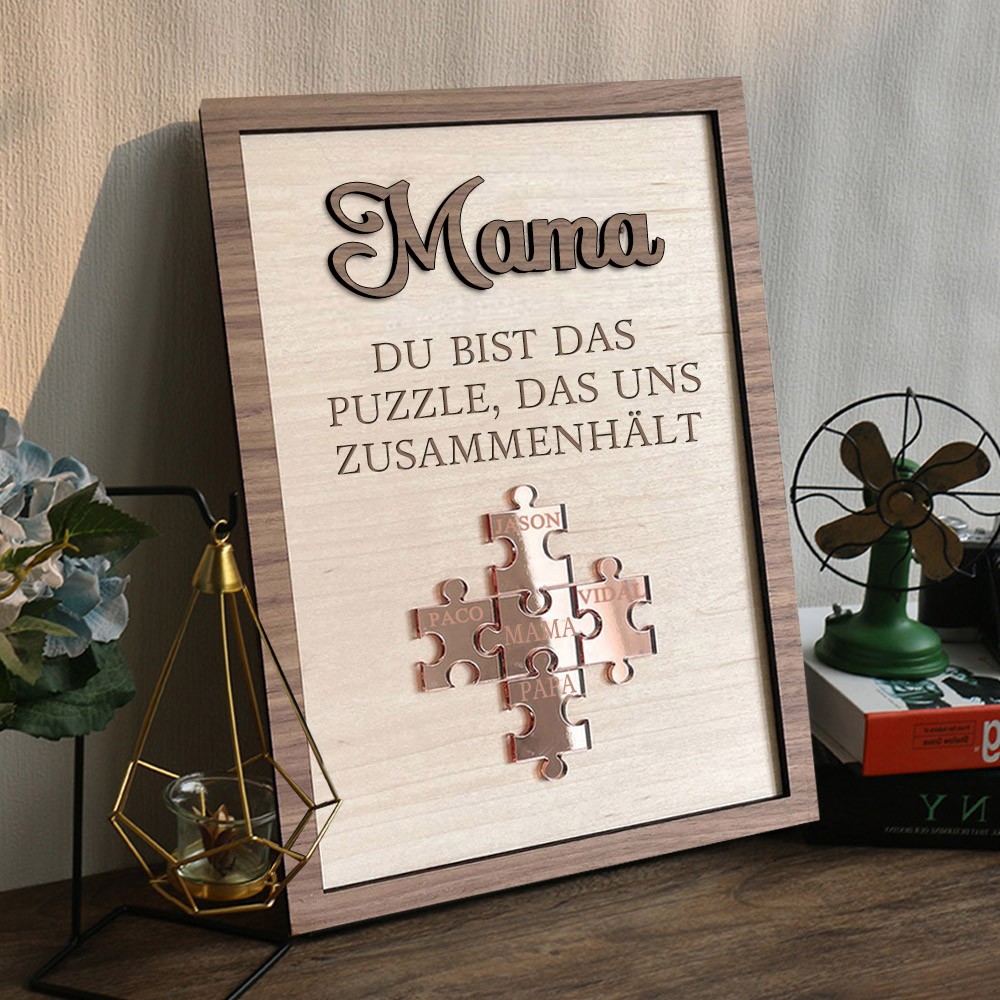 Personalisiertes Holzschild mit Puzzleteilen und Kindernamen. Mama, du bist das Teil, das uns zusammenhält. Einzigartige Familiengeschenke für Mama, Oma, Muttertagsgeschenk