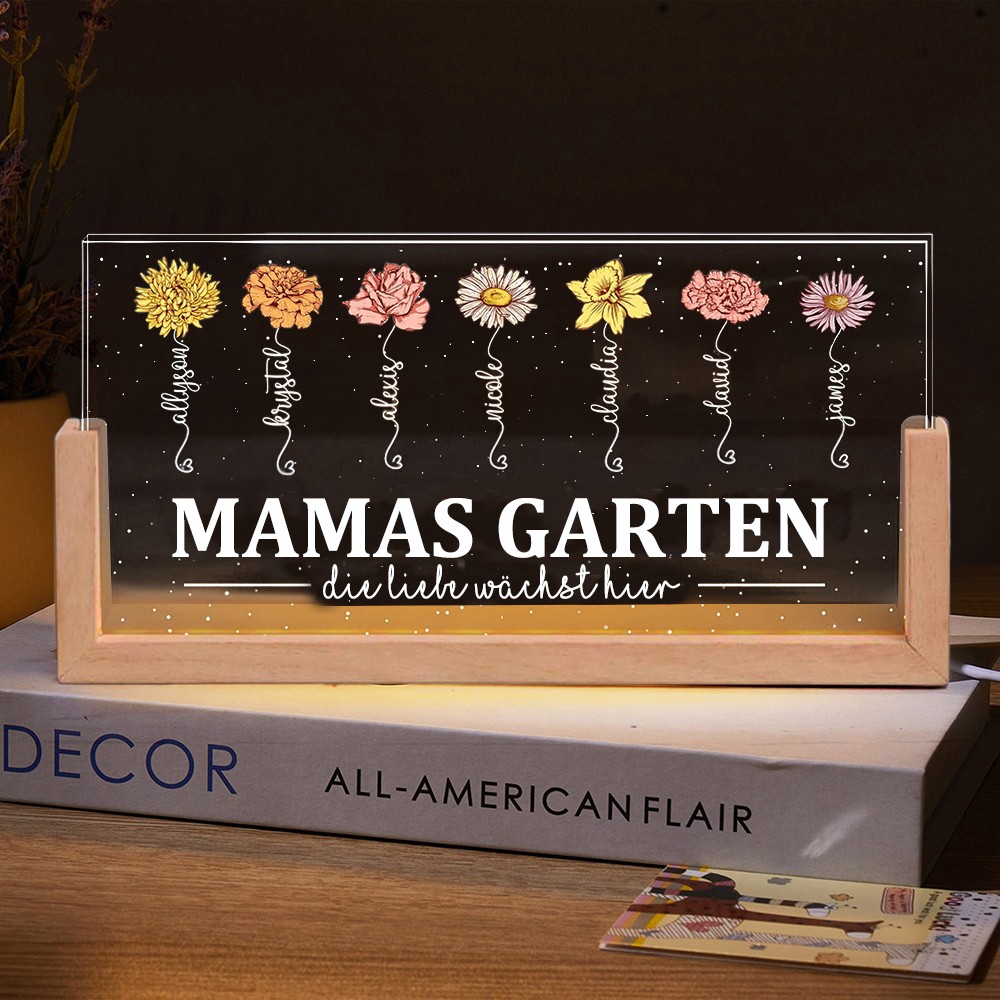 Personalisiertes Mamas Garten-Nachtlicht mit Geburtsblumen und Kindernamen-Aufdruck. Einzigartige Geburtstags-Andenken-Geschenke für Mama, Oma, Muttertags-Geschenkideen