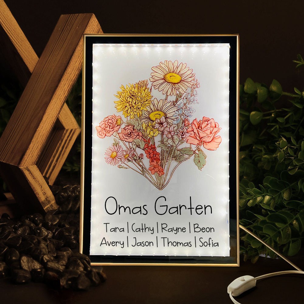 Personalisierte Nachtlichtlampe mit Blumenstrauß-Aufdruck im Garten der Großmutter mit den Namen der Enkelkinder. Einzigartiges Geburtstagsgeschenk für Mama, Oma, Babyparty-Geschenk, Muttertagsgeschenk