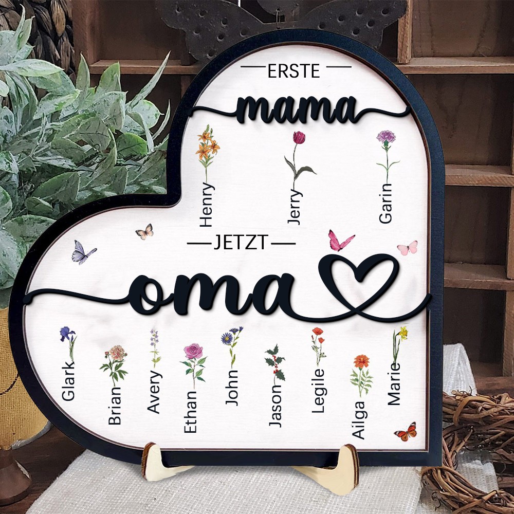Personalisierter Holzrahmen mit dem Aufdruck „Erste Mama, jetzt Oma“ und Geburtsblumen, mit den Namen der Kinder. Ein einzigartiges Geburtstagsgeschenk für Mama oder Oma, kreative Geschenkideen zum Muttertag und ein Geschenk zur Schwangerschaft