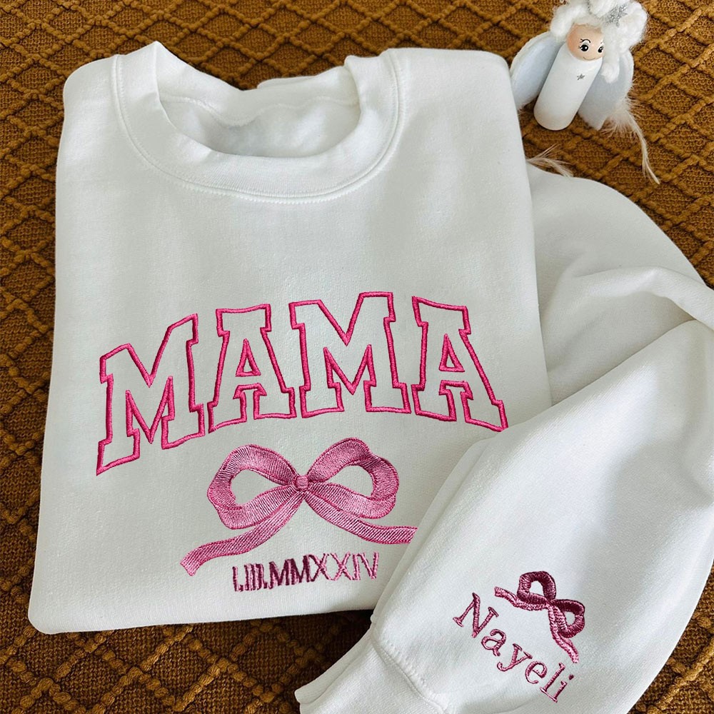 Süßes und trendiges Gemma-Sweatshirt mit Mama-Schleife und Stickerei | Personalisierter Rundhalspullover | MAMA-Sweatshirt | Geschenkidee zum Muttertag